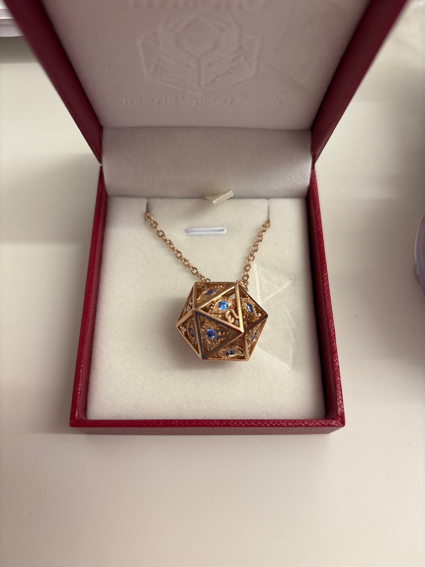 Dragon's Eye D20 Necklace - Rose Gold w/ Blue Gems