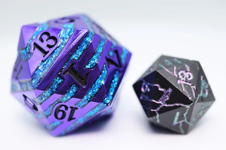 35mm Dragon D20 - Purple with Blue Mica, Solid Metal