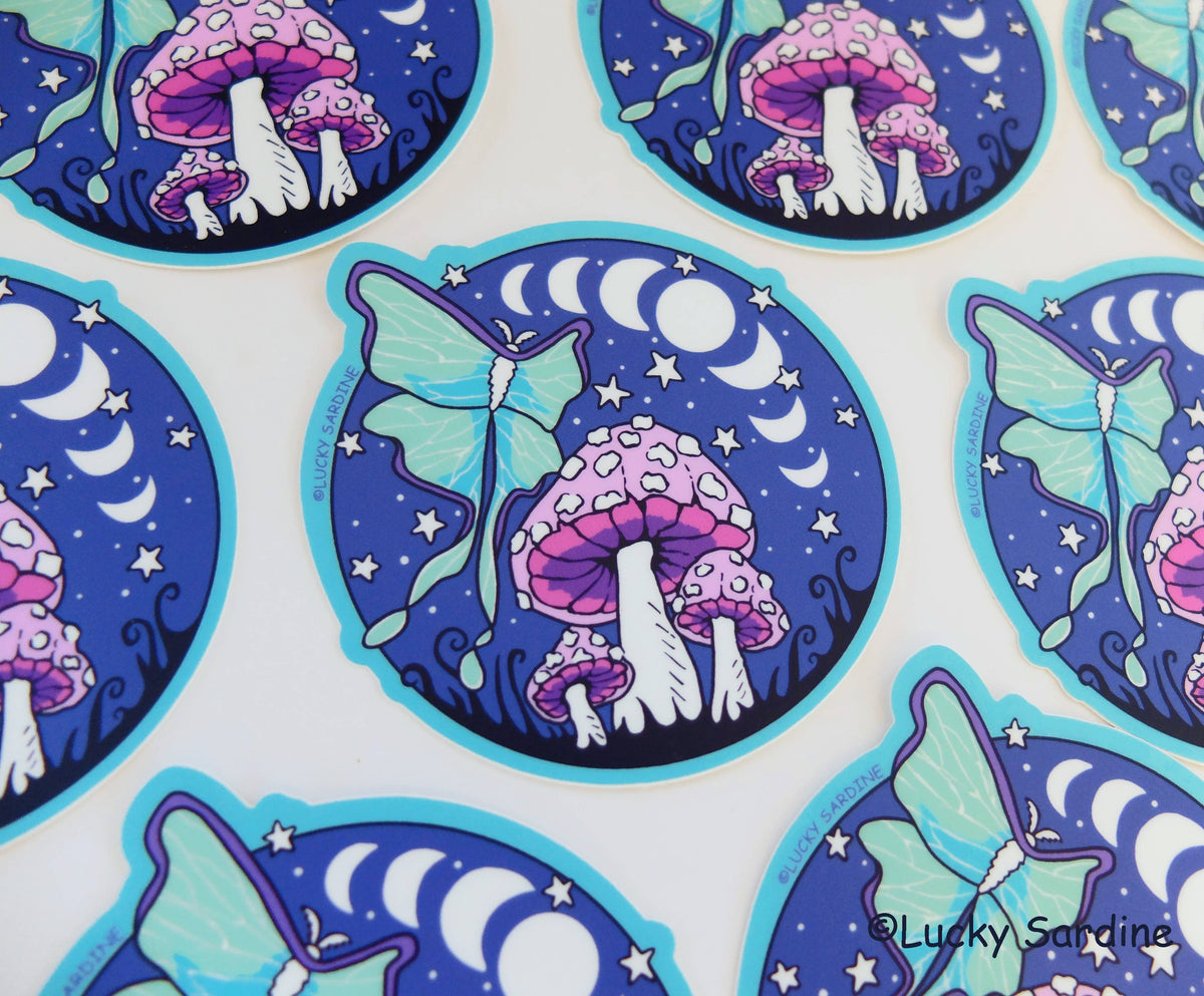 Luna Moth & Mushroom, Moon & Stars Vinyl Sticker