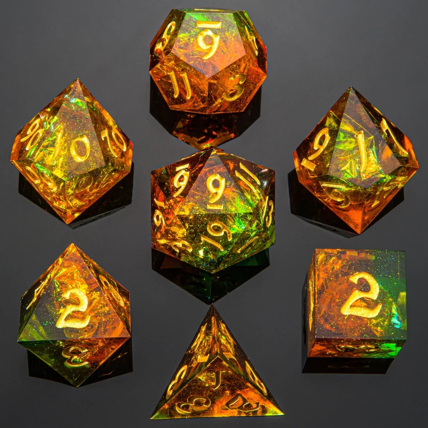 Captured Magic Dice Set - Green & Orange Autumnal, Hand Sanded Sharp Edge Resin