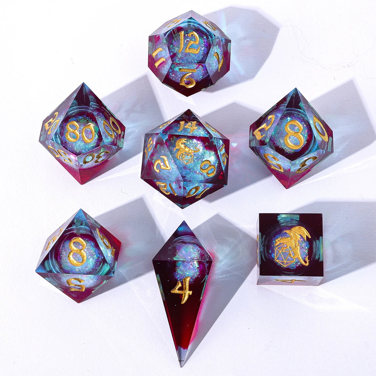 Captured Magic Liquid Core Dice Set - Elemental Mana, Hand Sanded Sharp Edge Resin