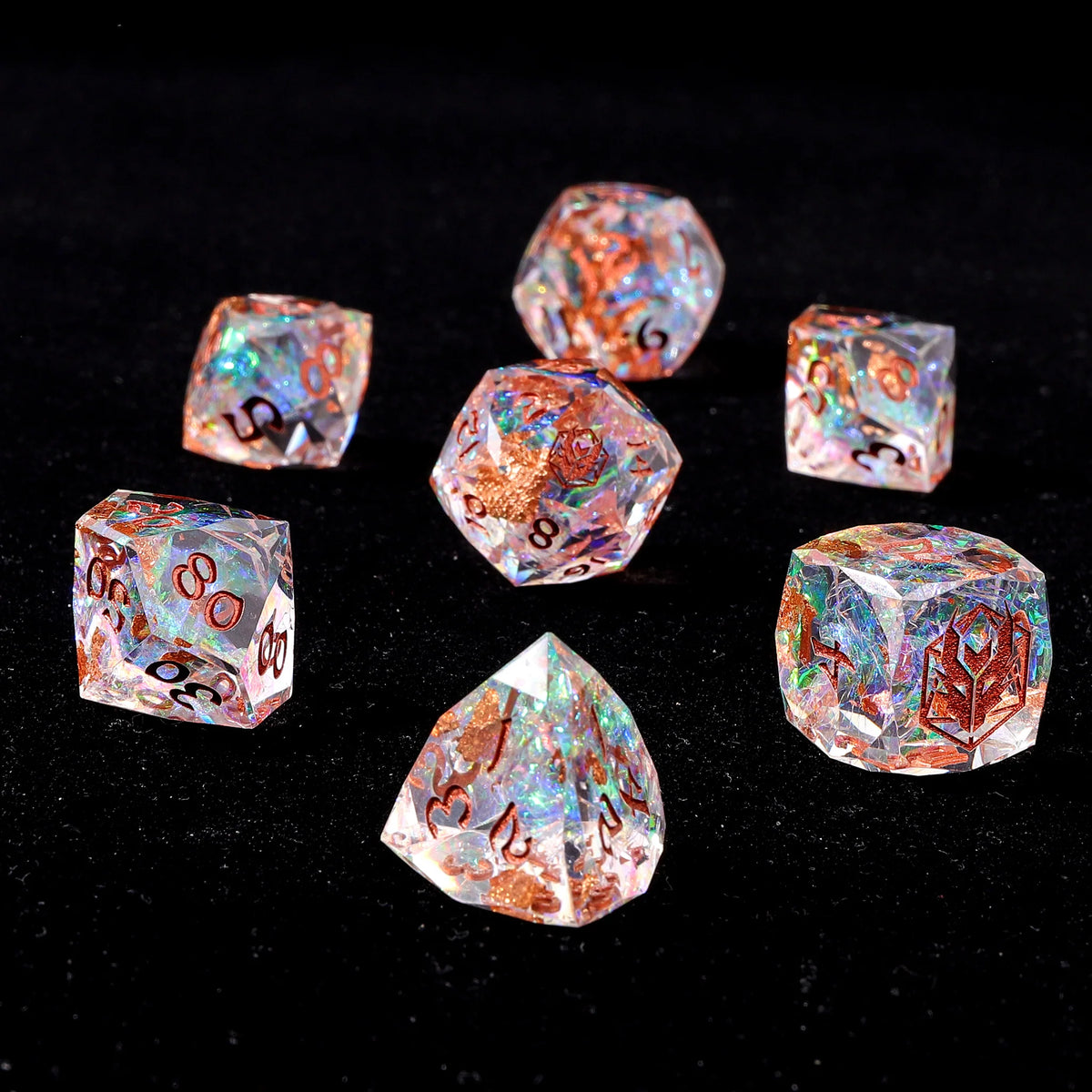 Captured Magic Luster Cut Dice Set - Opal, Hand Sanded Sharp Edged Resin