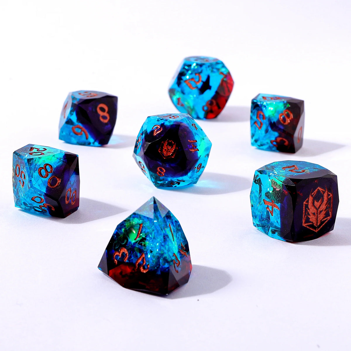 Captured Magic Luster Cut Dice Set- Blue & Red, Hand Sanded Sharp Edged Resin