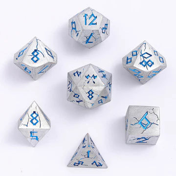 Barbarian Dice Set - Matte Silver and Blue, Solid Metal