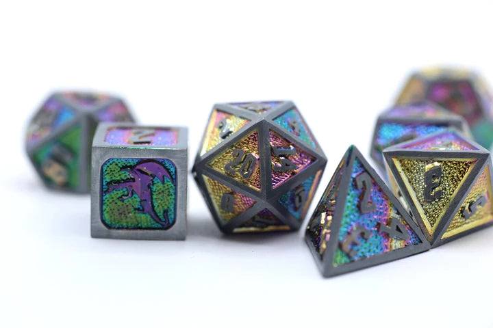 Draconis Dice Set - Brushed Rainbow, Solid Metal