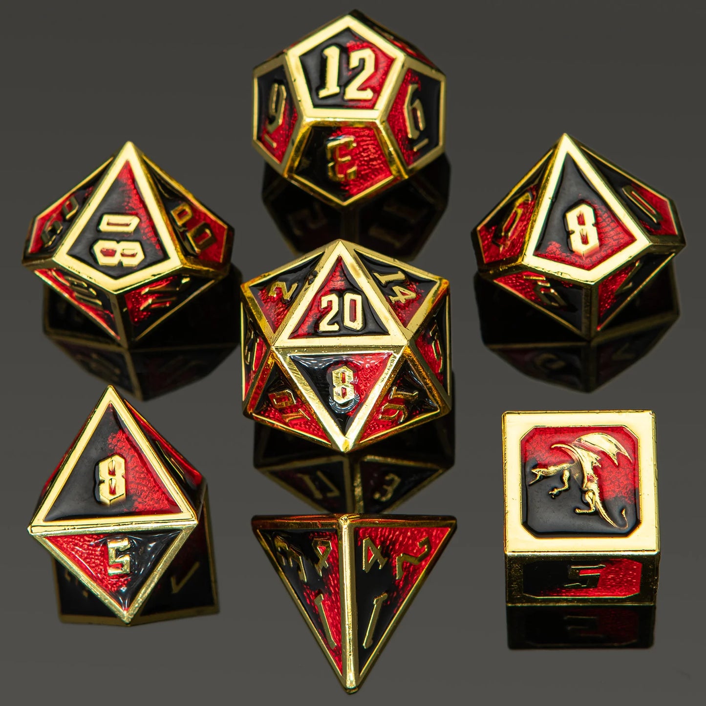 Dragon Dice Set - Gold w/ Red & Black Solid Metal