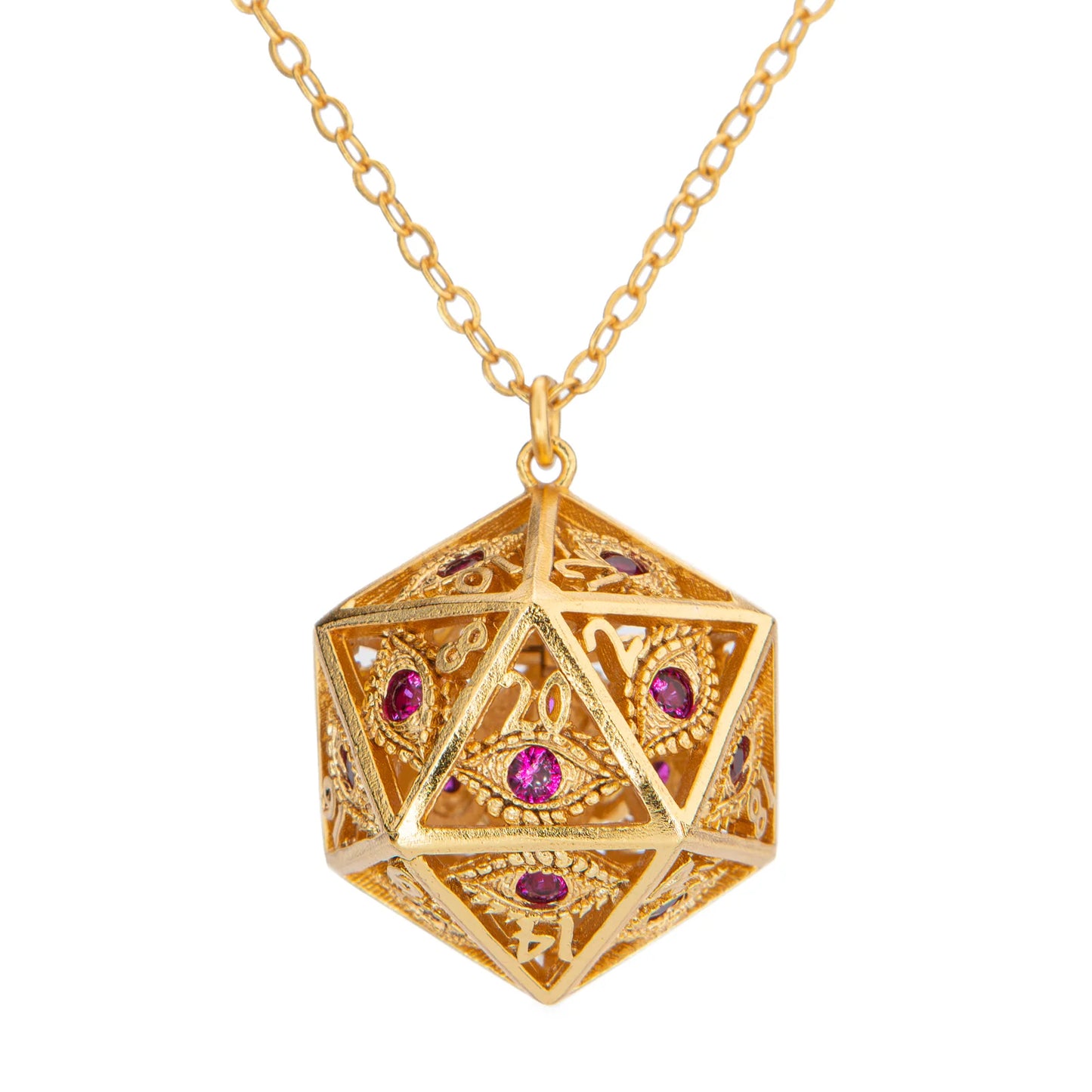 Dragon's Eye D20 Necklace - Gold w/ Ruby Gems