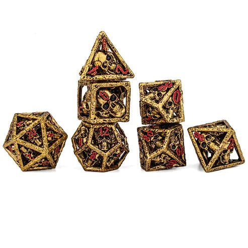 Skull's Grin Dice Set - Gold w/ Red, Hollow Metal