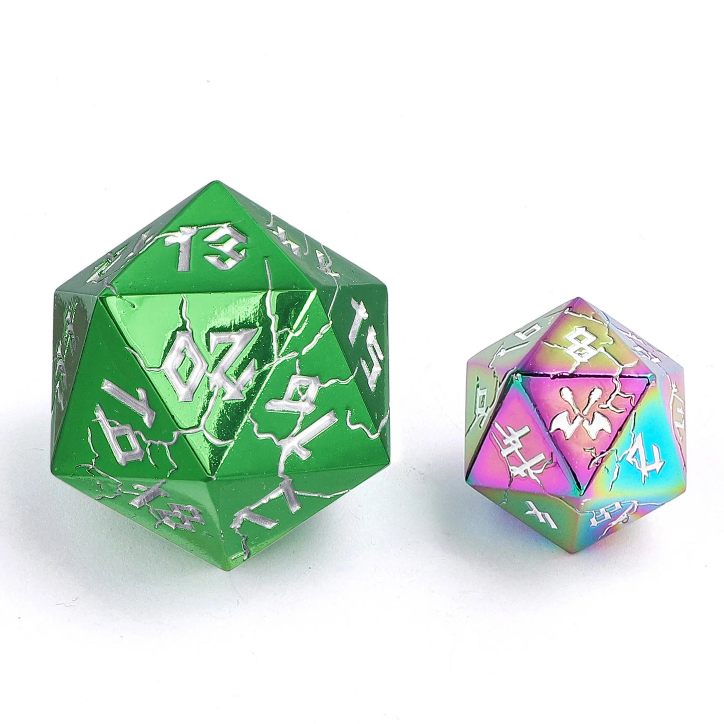 35mm Spindown Barbarian D20 - Green & Silver Solid Metal