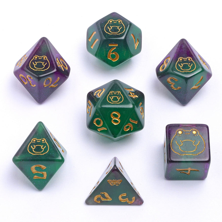 Bog Frog Dice Set - Gold & Glow in the Dark - Rounded Resin