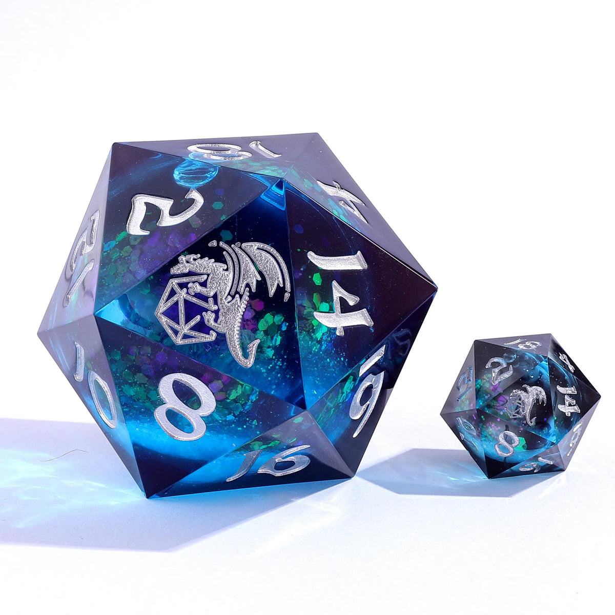55mm Twilight Azure D20 - Liquid Core Sharp Edge Resin