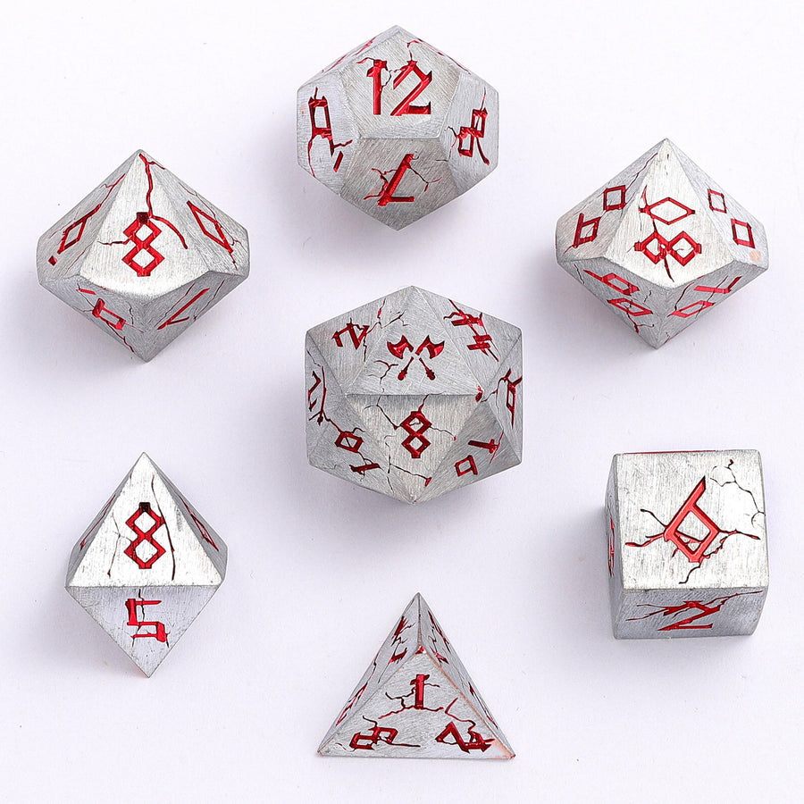 Barbarian Dice Set - Matte Silver and Red, Solid Metal