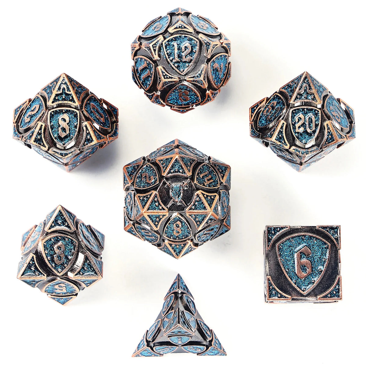 Solid metal Fighter RPG Dice Set - Ancient Copper w/Blue Glitter