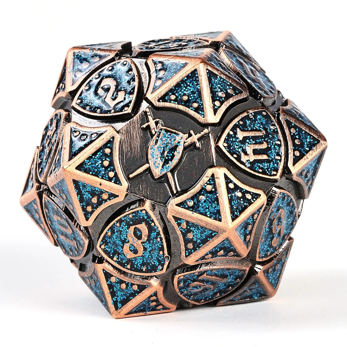 Solid metal Fighter RPG Dice Set - Ancient Copper w/Blue Glitter