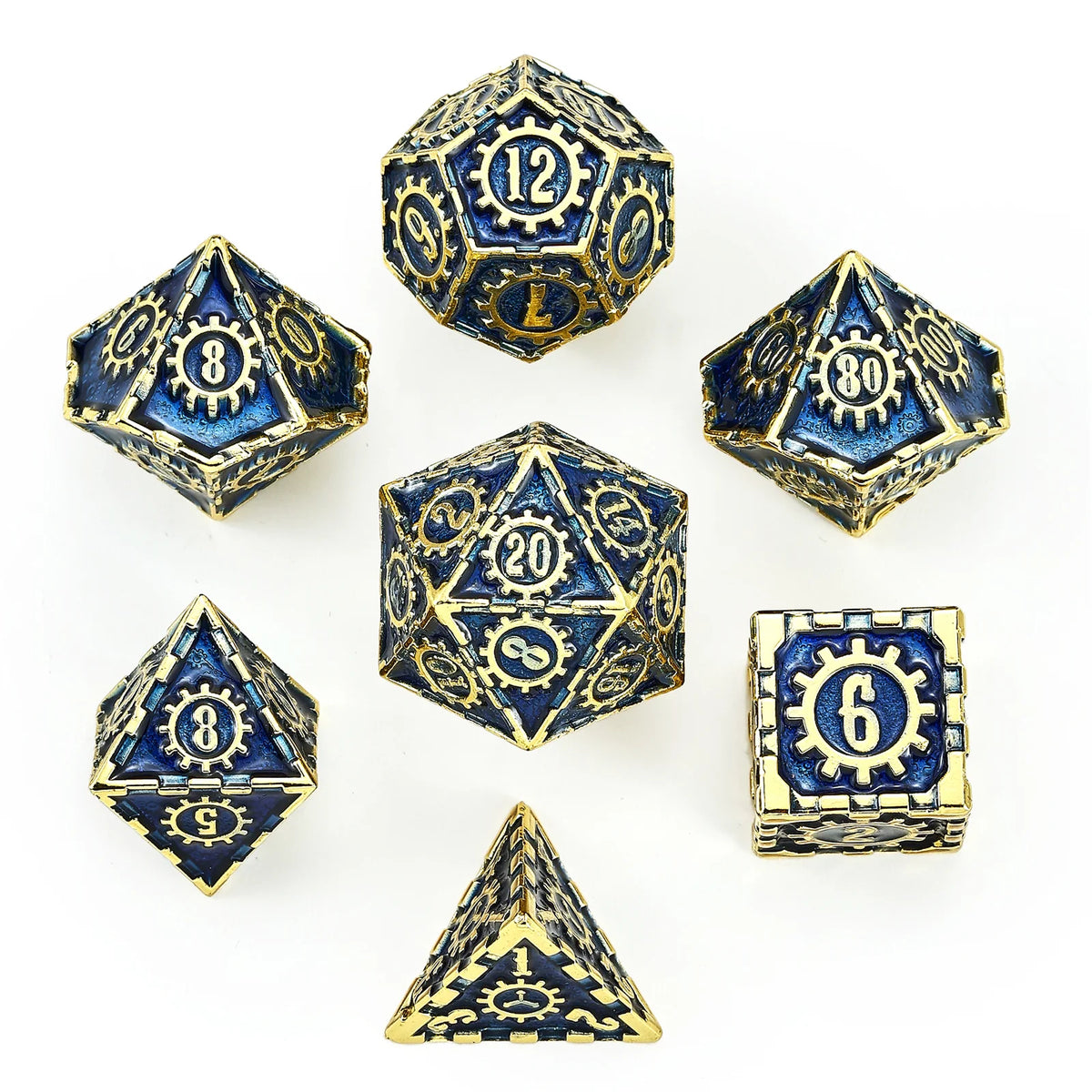 Solid metal Cogcraft Dice Set: Vault Dweller, Gold w/Blue