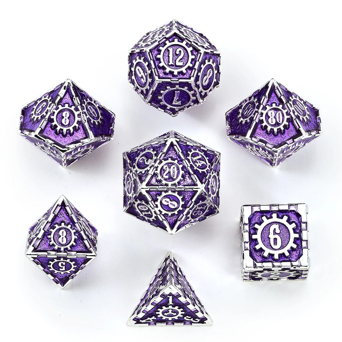 Solid Metal Cogcraft Dice Set: Chrononaut, Silver w/Purple