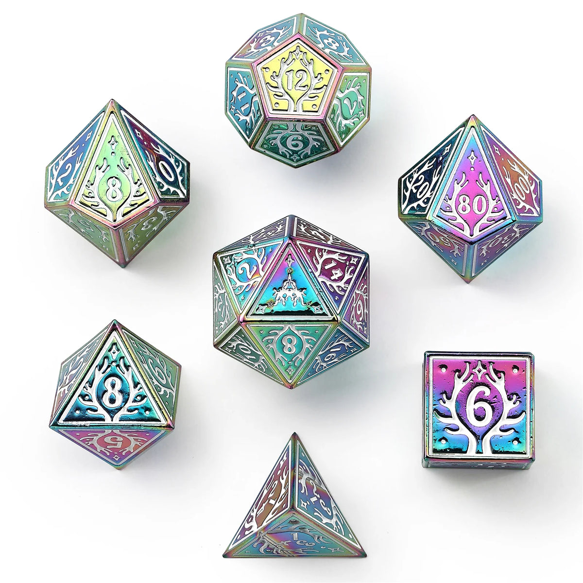 Solid Metal Druid RPG Dice Set - Rainbow w/ White