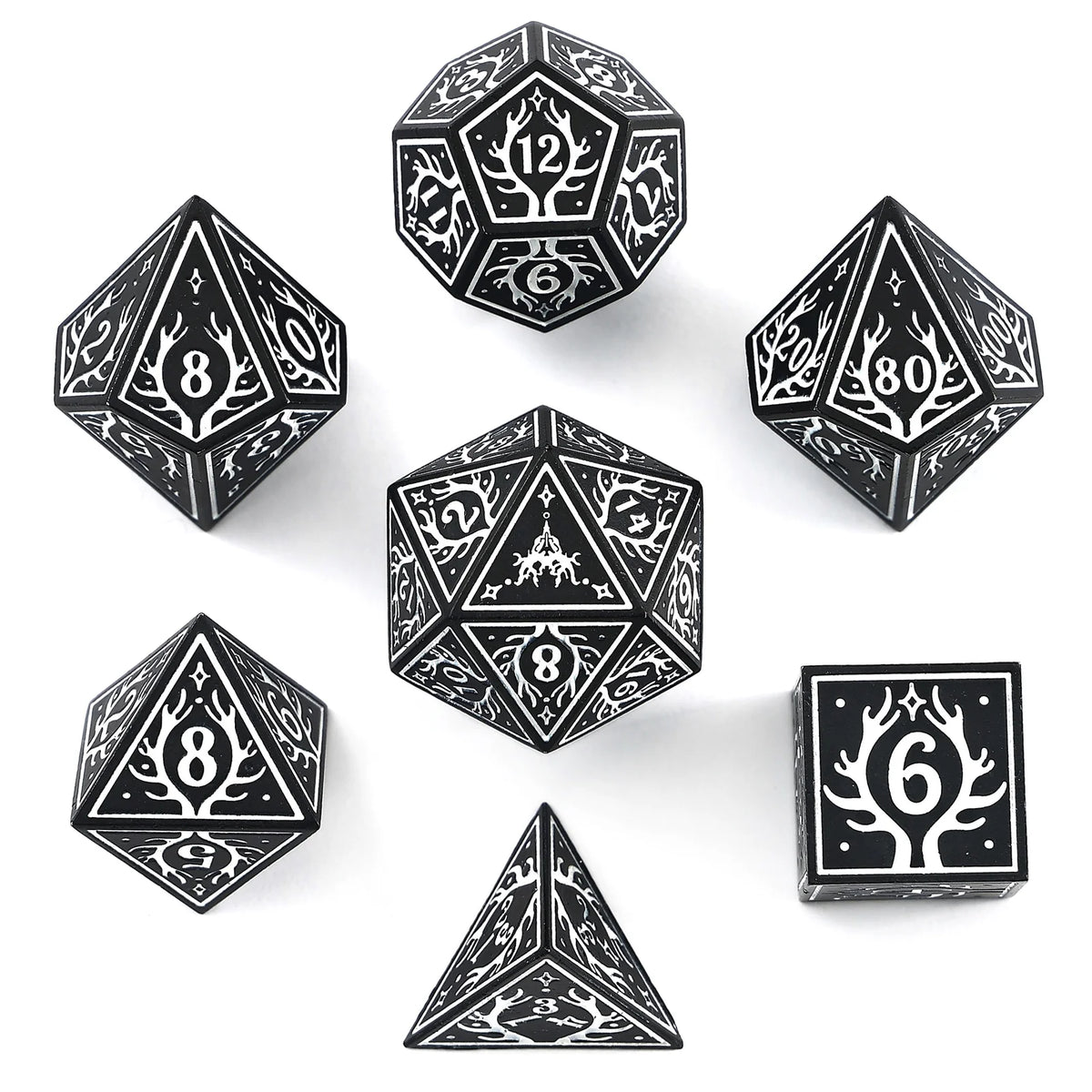Solid Metal Druid RPG Dice Set - Black w/White