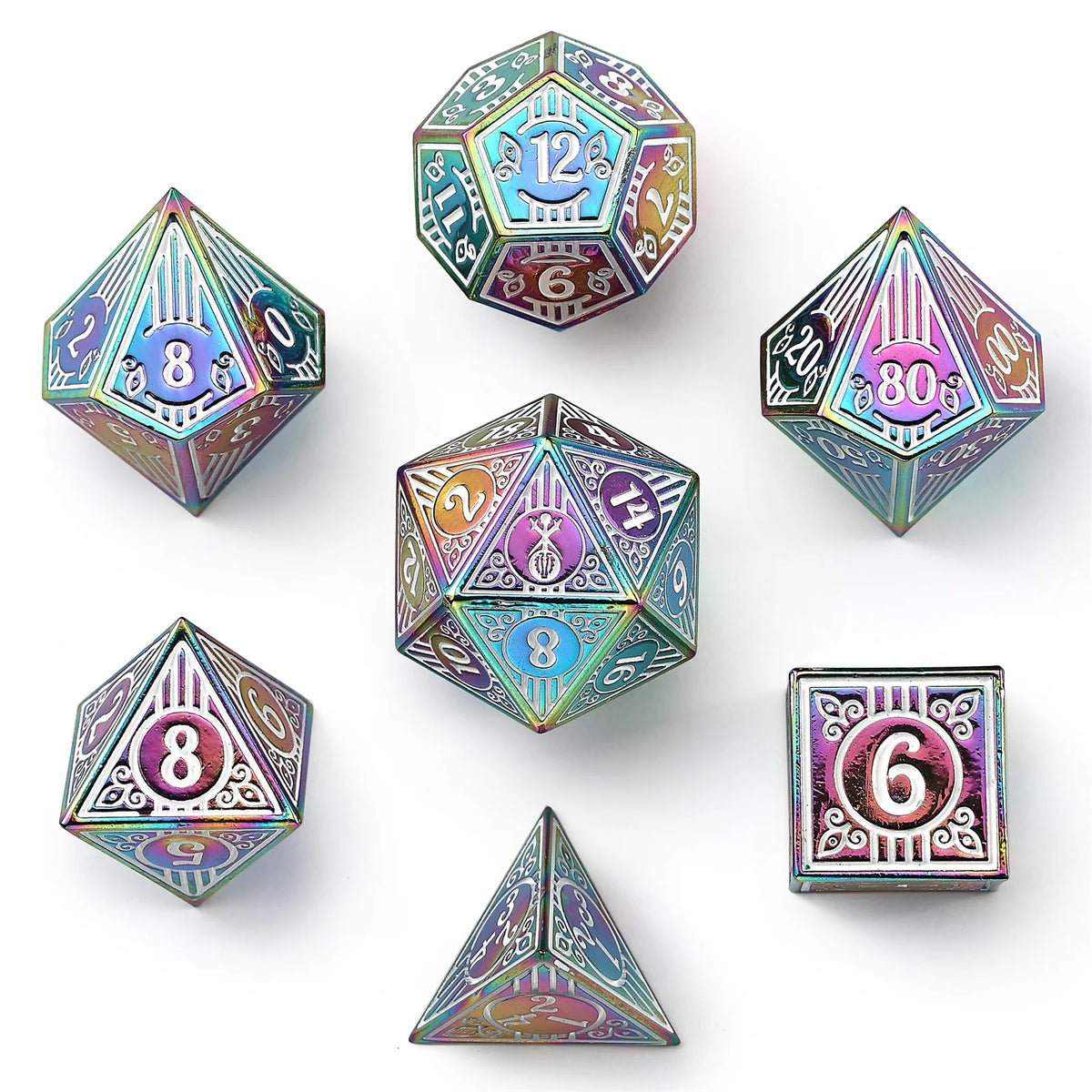 Solid Metal Bard RPG Dice Set - Rainbow w/White
