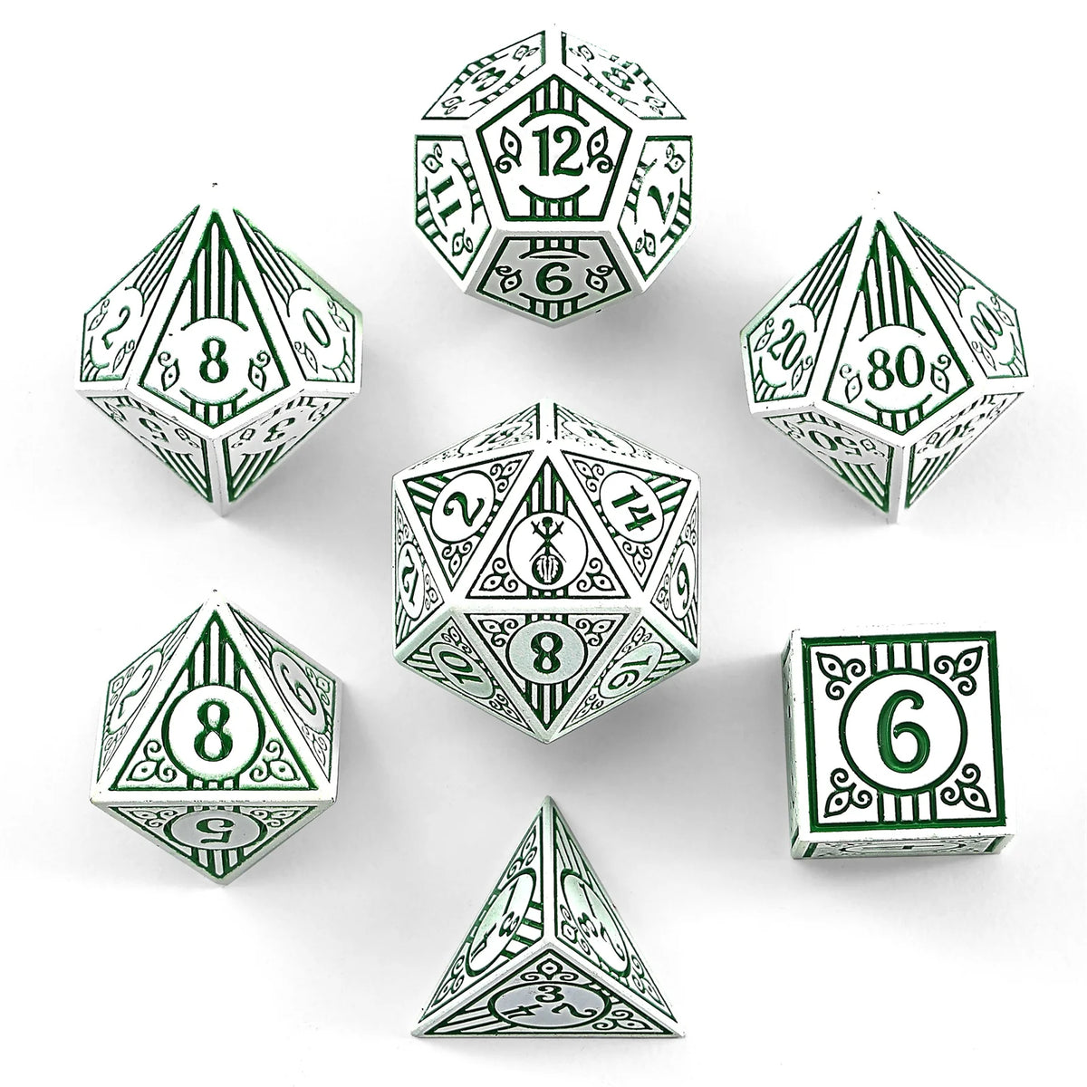 Solid Metal Bard RPG Dice Set - White w/Green