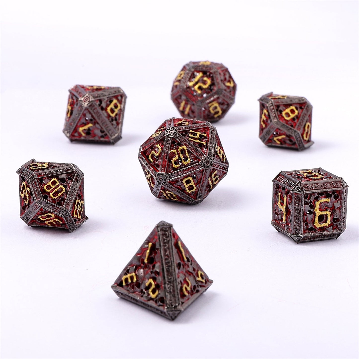 Hollow Metal Necromancer Dice Set - Gunmetal w/Gold And Red