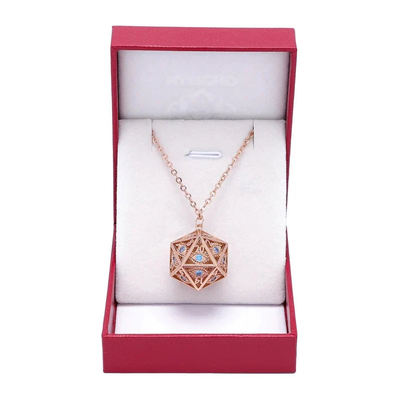 Dragon's Eye D20 Necklace - Rose Gold w/ Blue Gems