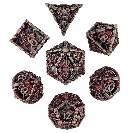 Reaper's Confine Silver Red Hollow Metal RPG Dice Set