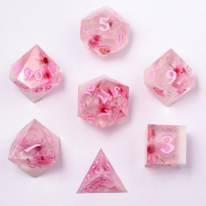 Captured Magic Dice Set - Sakura Cherry Blossom, Hand Sanded Sharp Edge Resin