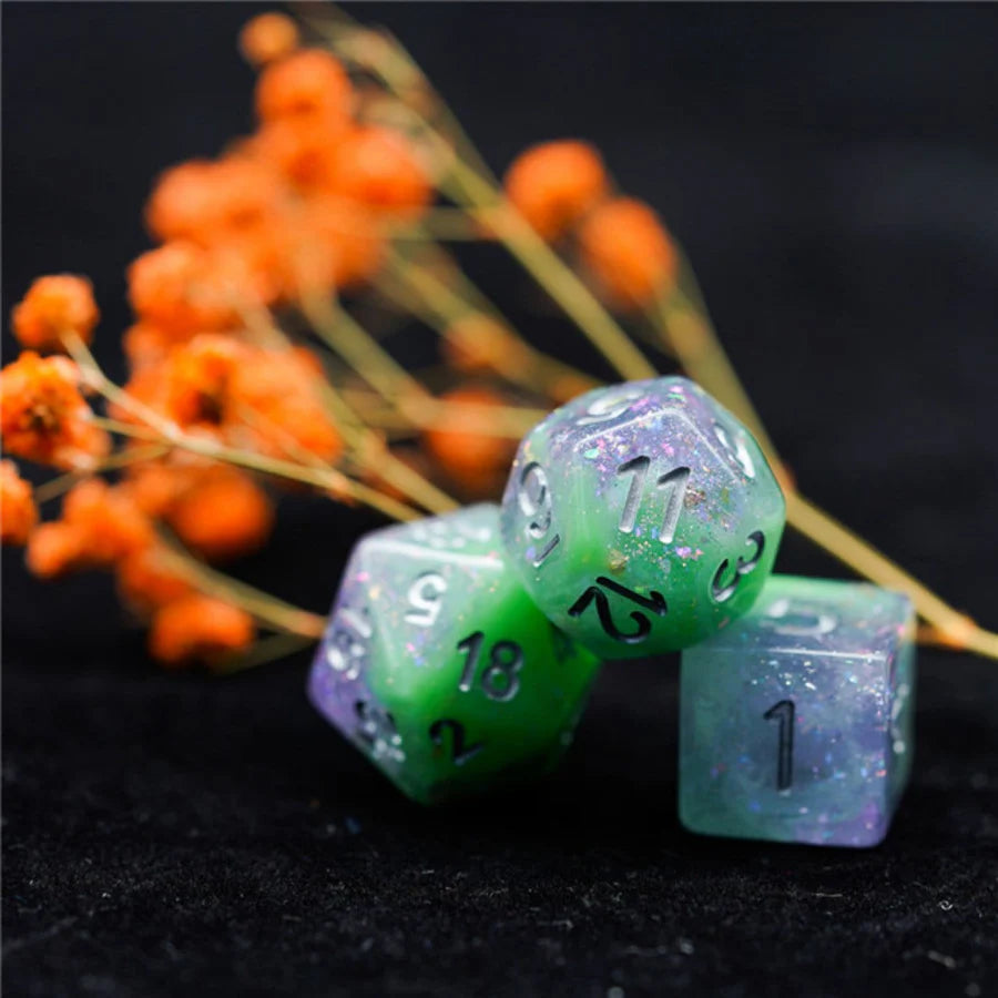 Seabed Treasure Dice Set - Green & Purple Resin