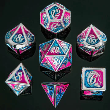 Dragon Dice Set - Silver w/ Red and Blue, Solid Metal