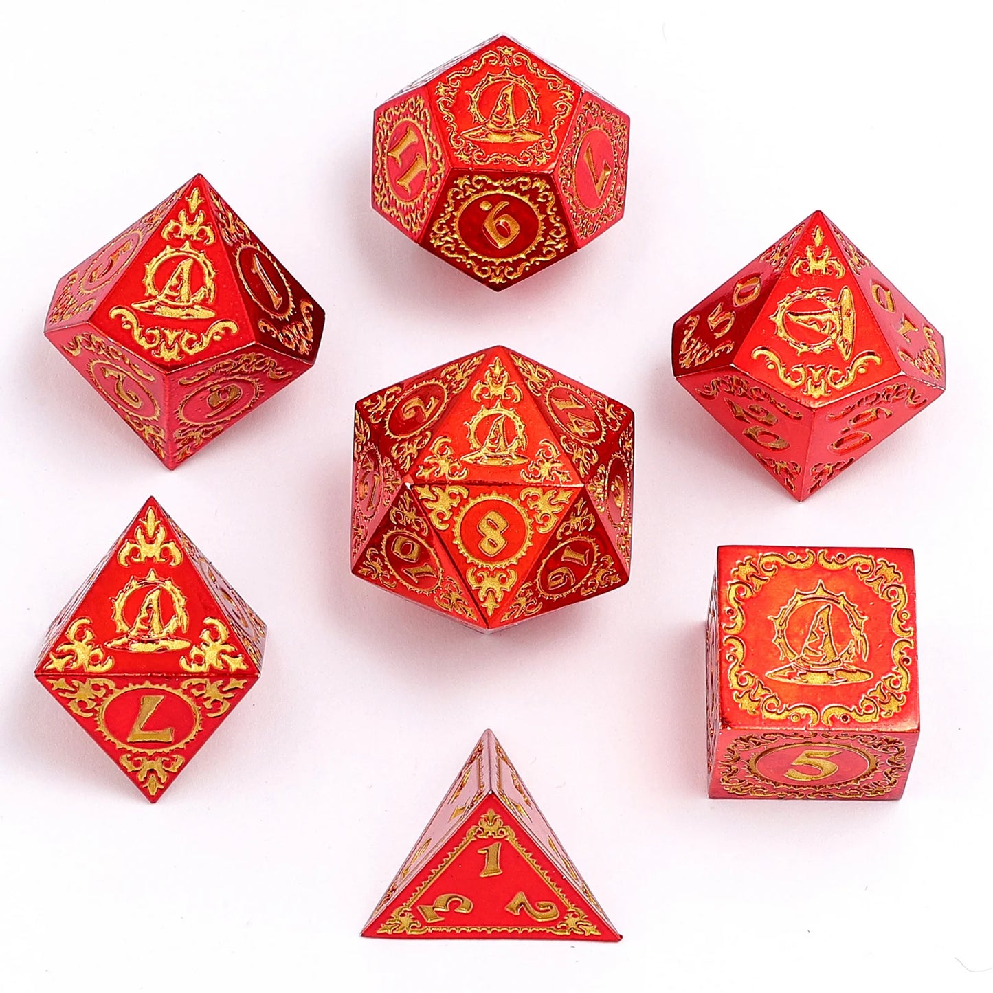 Wizard Dice Set - Red with Gold, Solid Metal