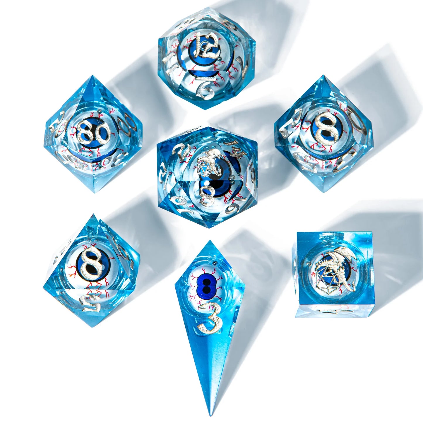 Captured Magic Liquid Core Dice Set - Always Watching Blue Eyes, Hand Sanded Sharp Edge Resin