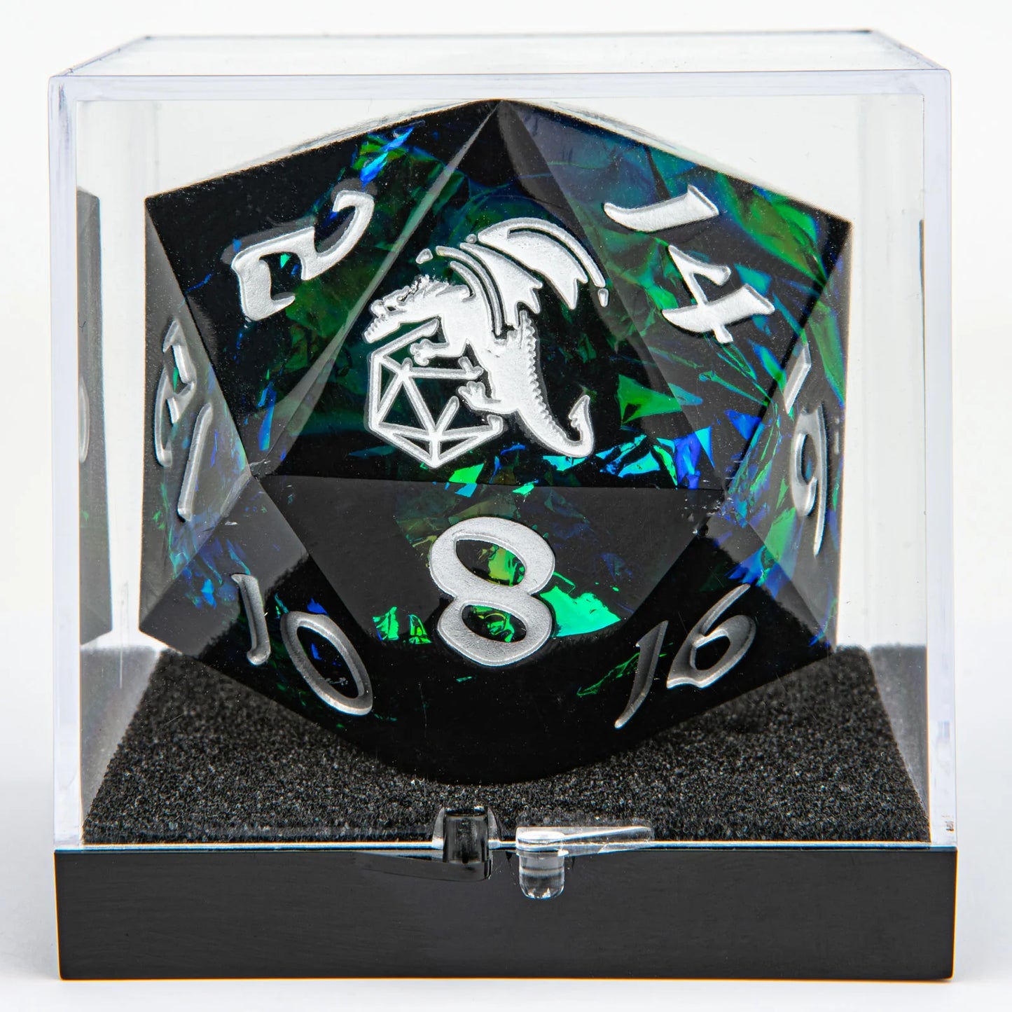 55mm Captured Magic D20 - Black w/ Silver Ink, Sharp Edge Resin