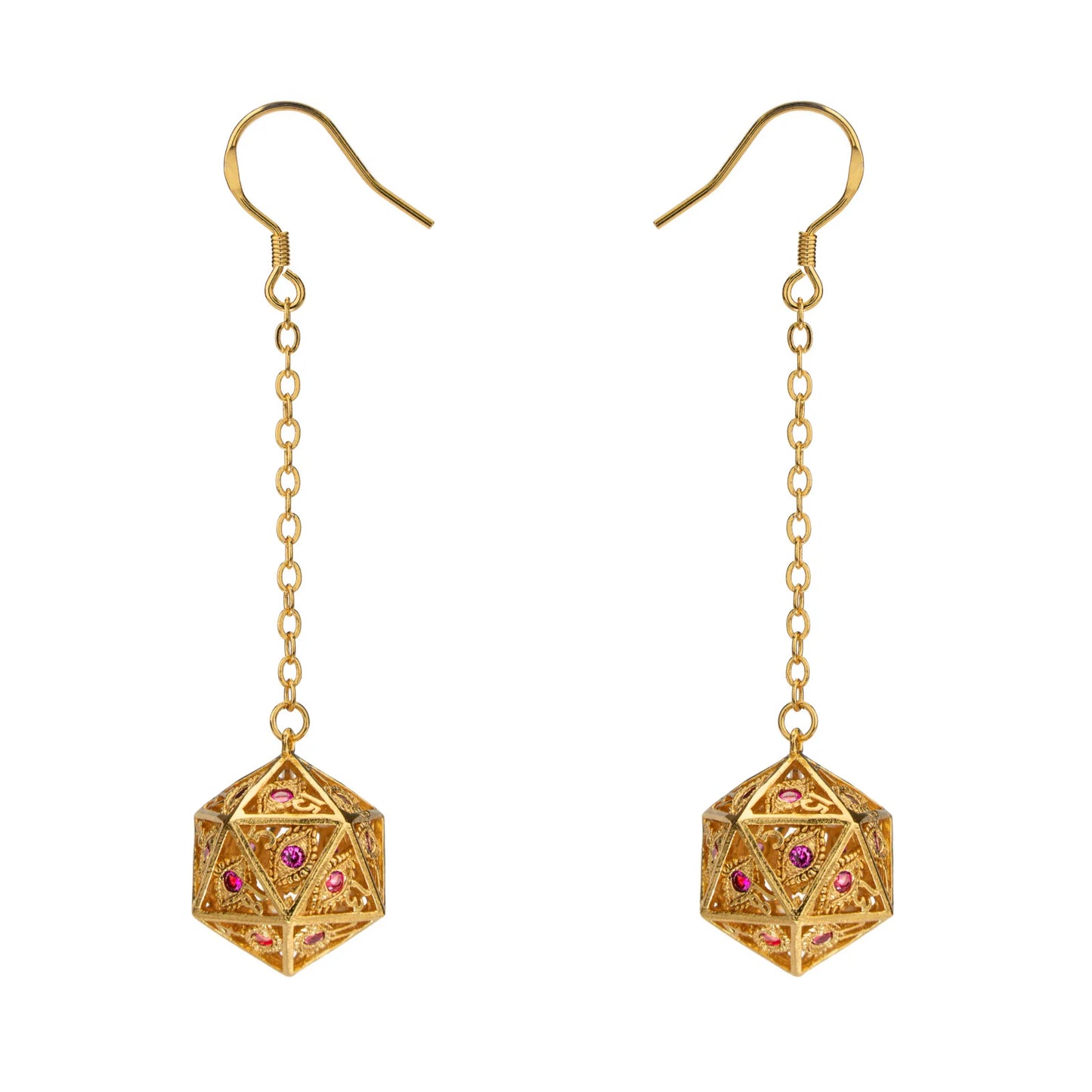 Dragon's Eye D20 Dice Earrings - Gold w/ Rubies