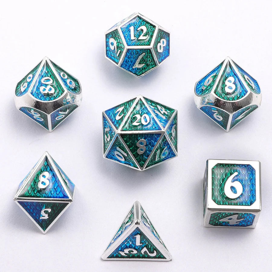 Hymgho Solid Metal Mini Behemoth Dice Set: Silver with Green and Blue Enamel