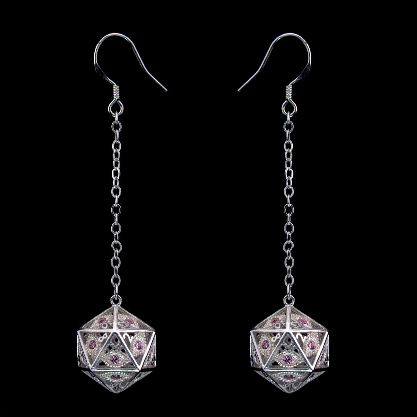 Dragon's Eye D20 Dice Earrings - Silver w/ Pink Gems