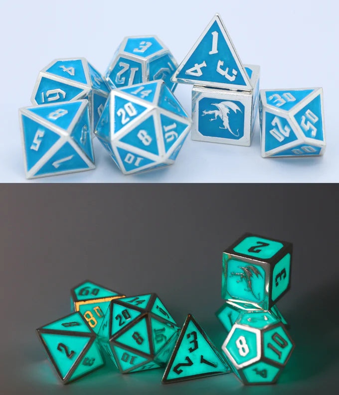 Draconis Dice Set - Glow in the Dark Blue, Solid Metal