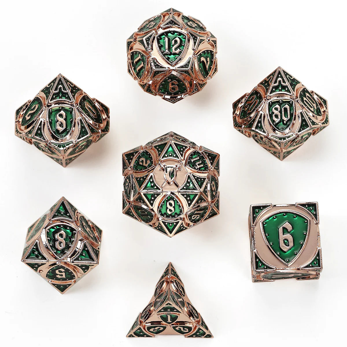 Hymgho Solid metal Fighter RPG Dice Set: Copper w/ Green