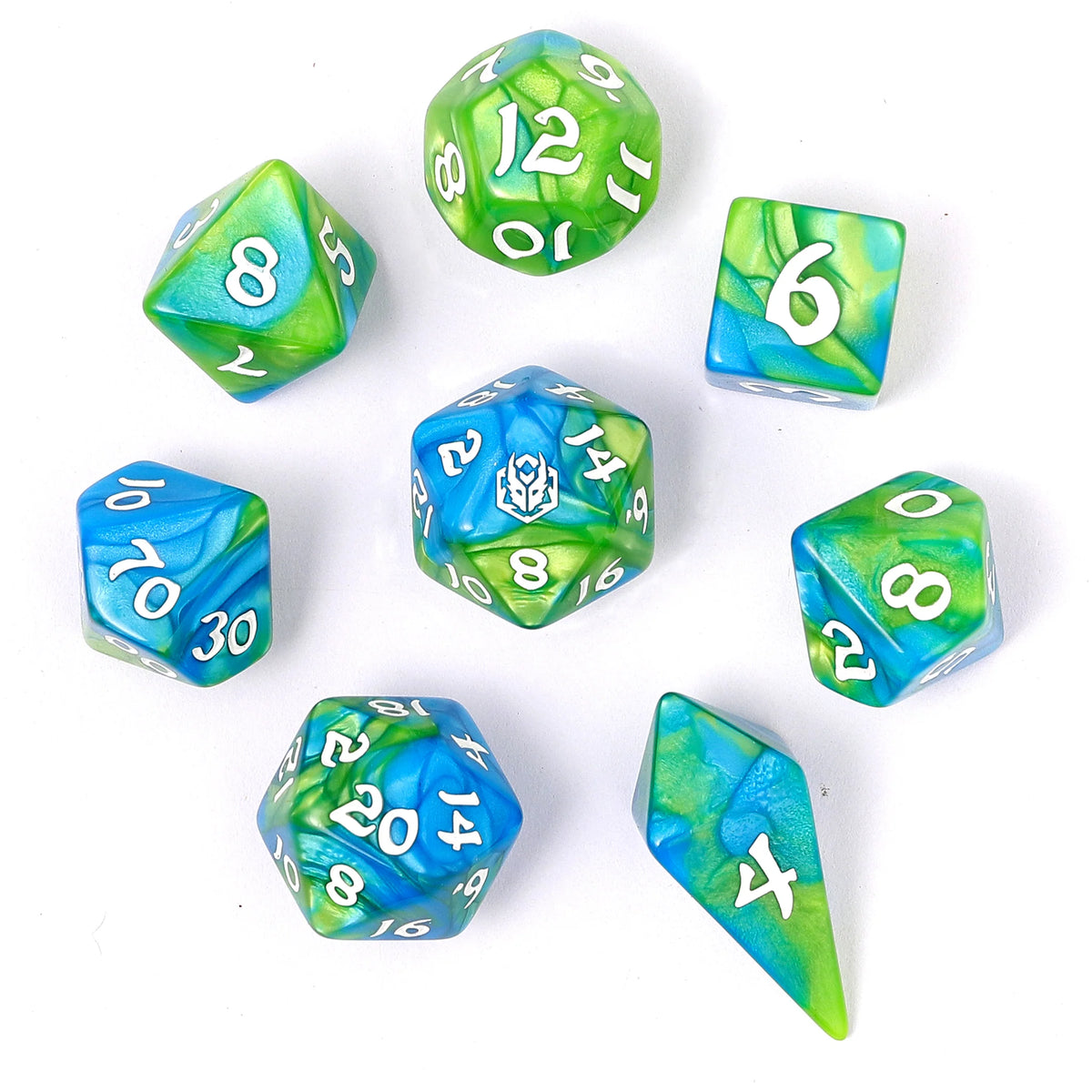 Wyrmforged Rollers 8 Piece Dice Set - Verdant Streams, Rounded Resin