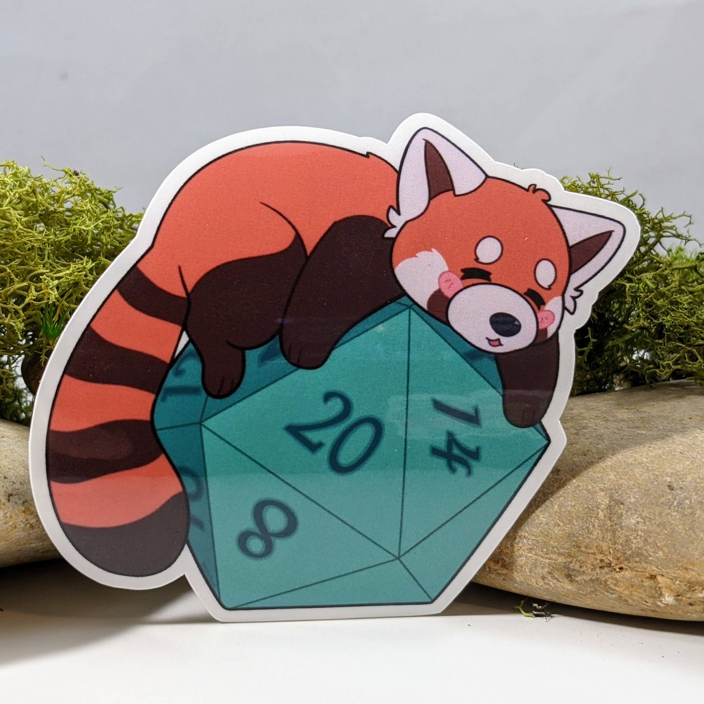 Sleepy Red Panda On Polyhedral D20 Dice Sticker - 2.5"