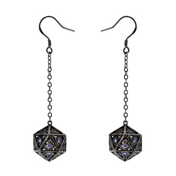 Dragon's Eye D20 Dice Earrings - Gunmetal w/ Purple Gems