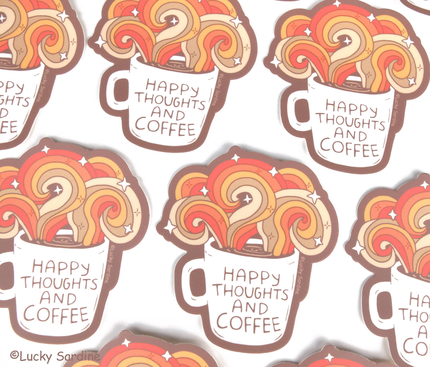 Happy Thoughts and Coffee, Retro Rainbow Vinyl Sticker