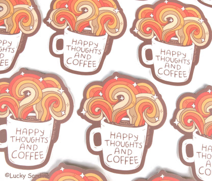 Happy Thoughts and Coffee, Retro Rainbow Vinyl Sticker