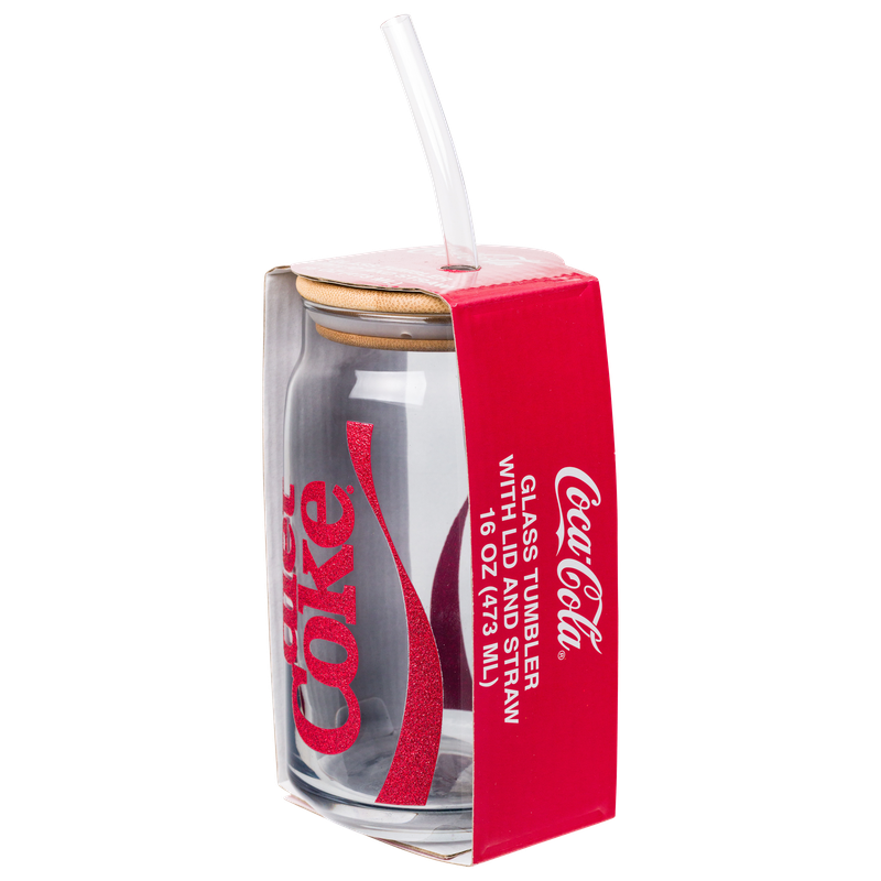 Coca Cola Diet Coke Glitter 16oz Glass Tumbler w/ Bamboo Lid