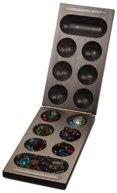 Folding Mancala Game - Dark Stained Wood & Glass Stones
