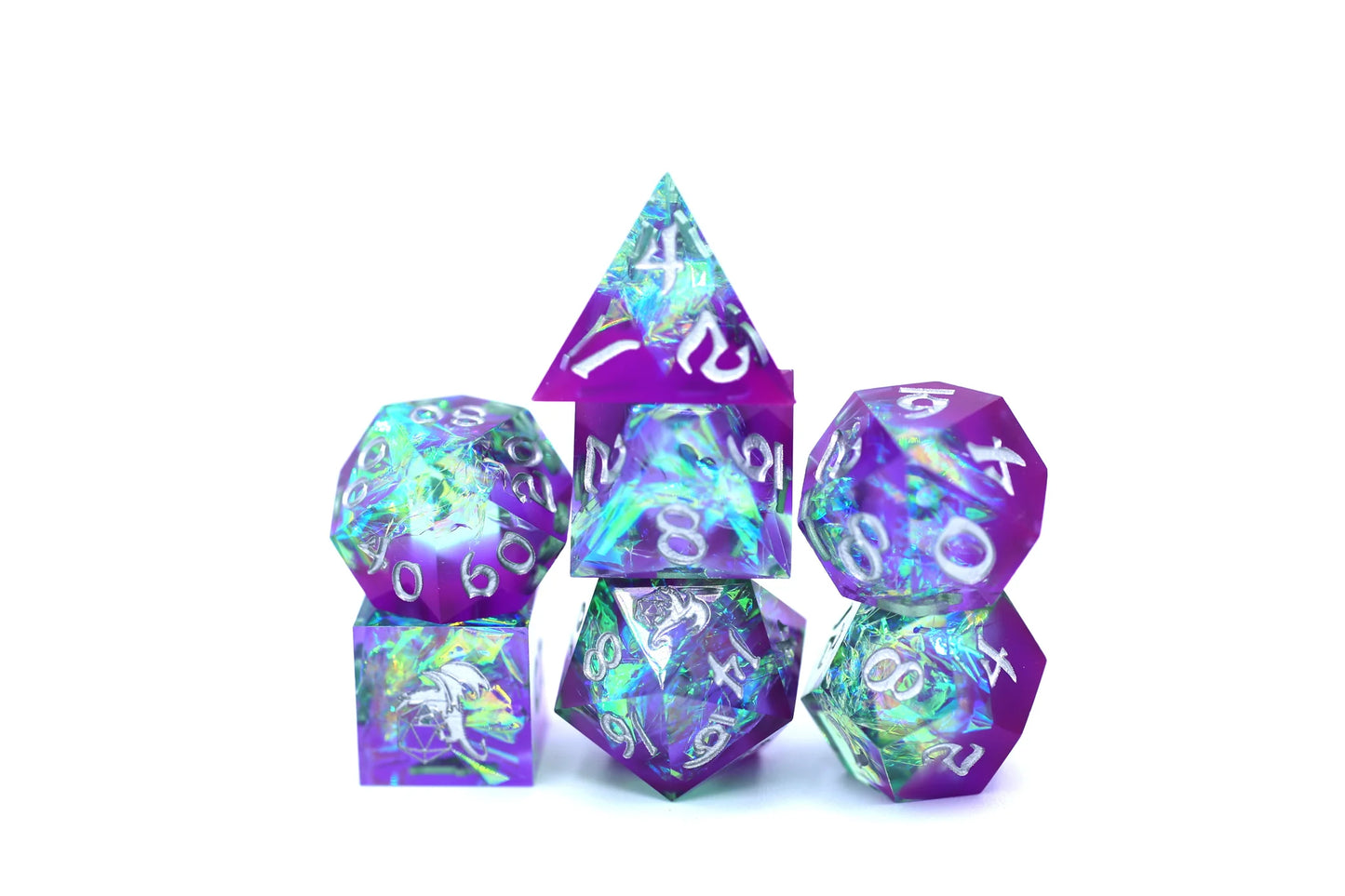 Captured Magic Dice Set - Purple & Green, Hand Sanded Sharp Edge Resin