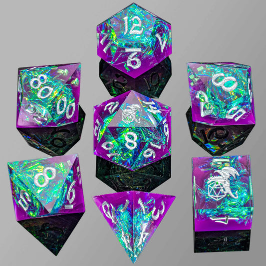 Captured Magic Dice Set - Purple & Green, Hand Sanded Sharp Edge Resin