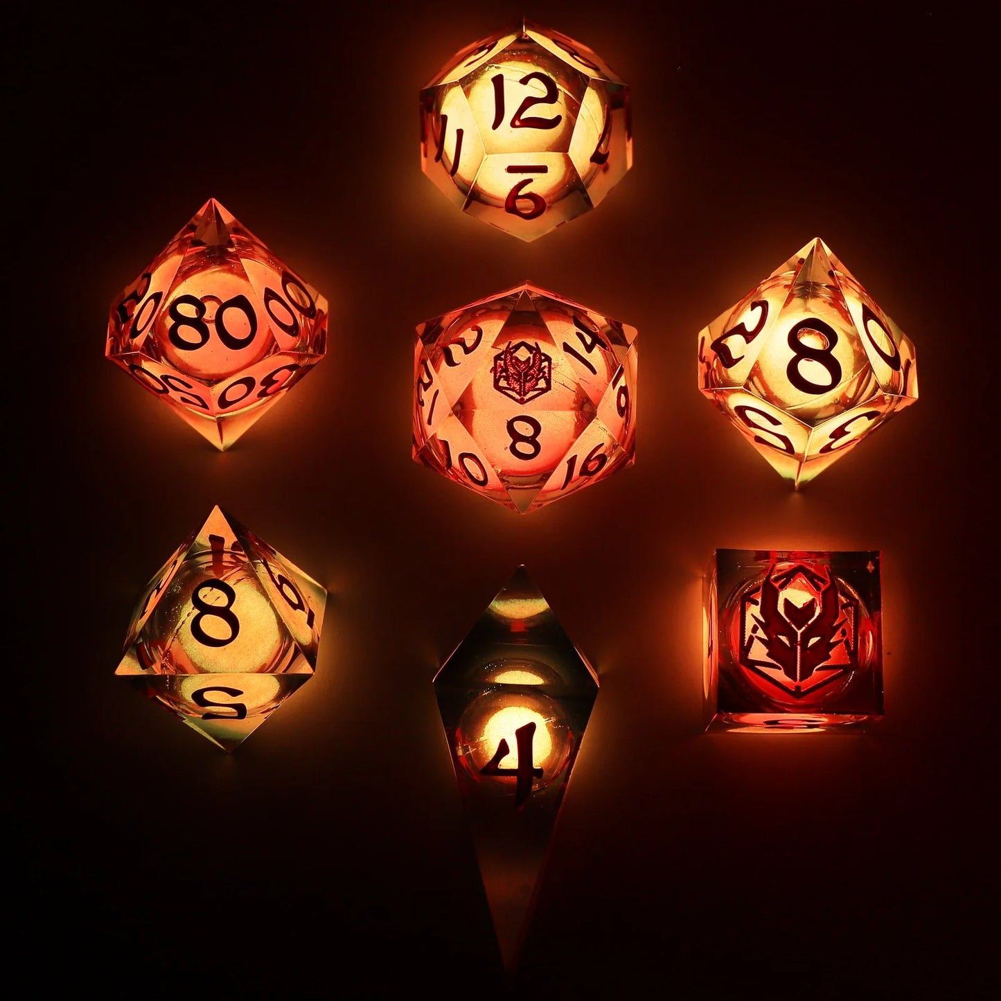 Captured Magic Glow in the Dark Liquid Core Dice Set - Red, Hand Sanded Sharp Edge Resin