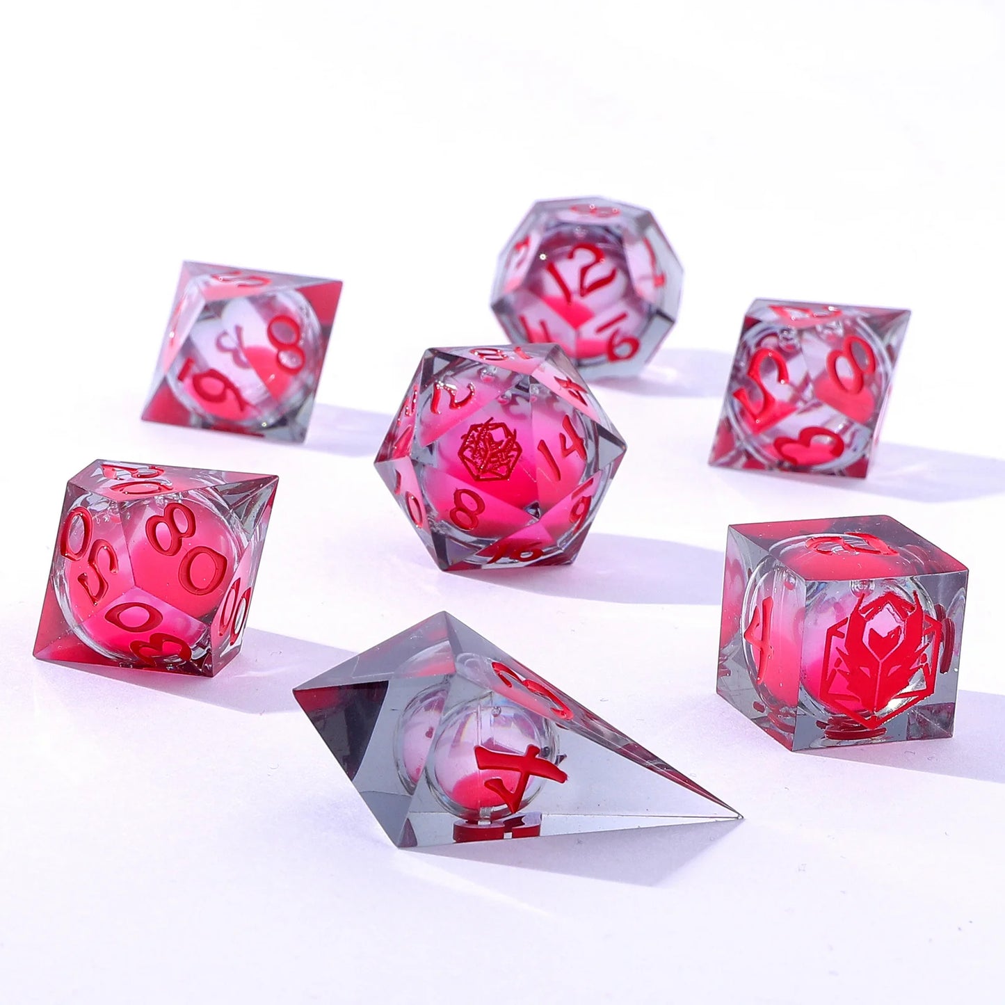 Captured Magic Glow in the Dark Liquid Core Dice Set - Red, Hand Sanded Sharp Edge Resin