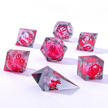 Captured Magic Glow in the Dark Liquid Core Dice Set - Red, Hand Sanded Sharp Edge Resin